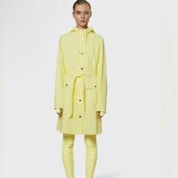 RAINS Curve W Hooded Jacket Straw Yellow Waterproof Large L Rain - Picture 3 of 10
